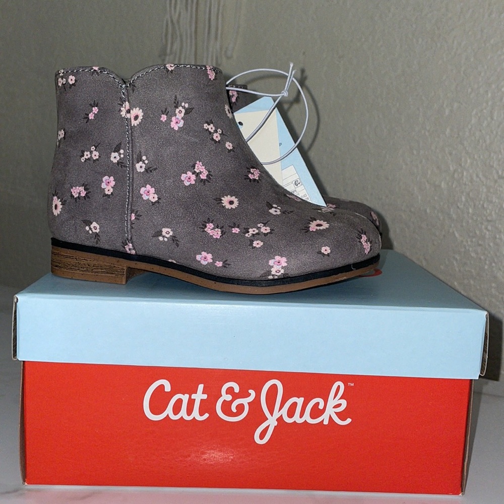 Cat & Jack Toddler Girl’s Penelope Boots Grey with Pink Floral Print Size 8 - Picture 2 of 7